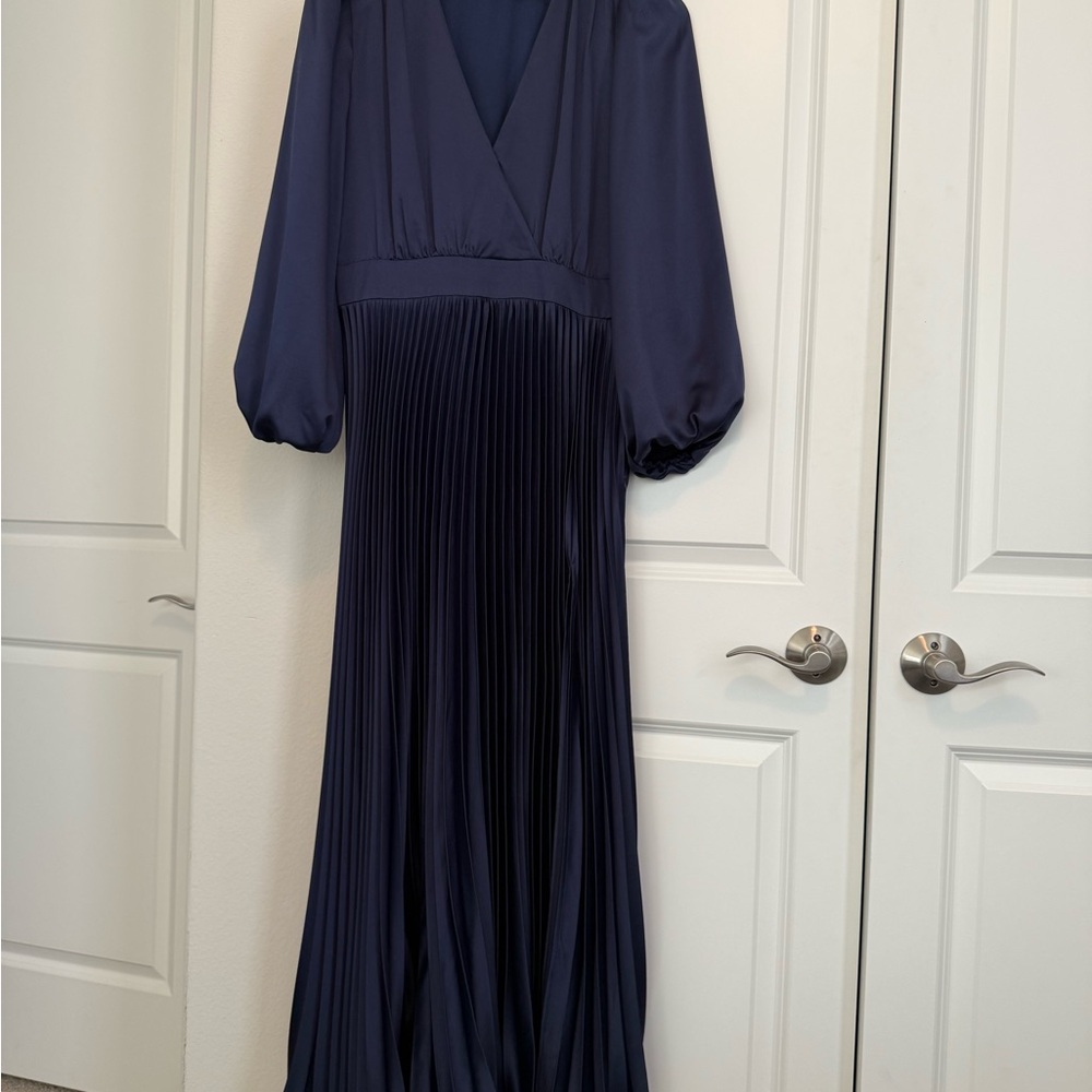 Adelyn Rae Pleated Satin V Neck MIDI Dress